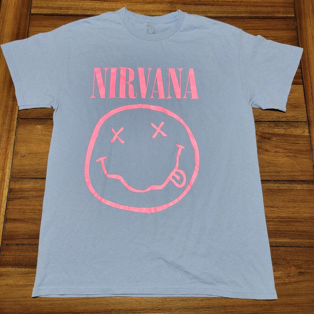 Nirvana Blue Unisex Tee Pink Face Logo - Size Medium